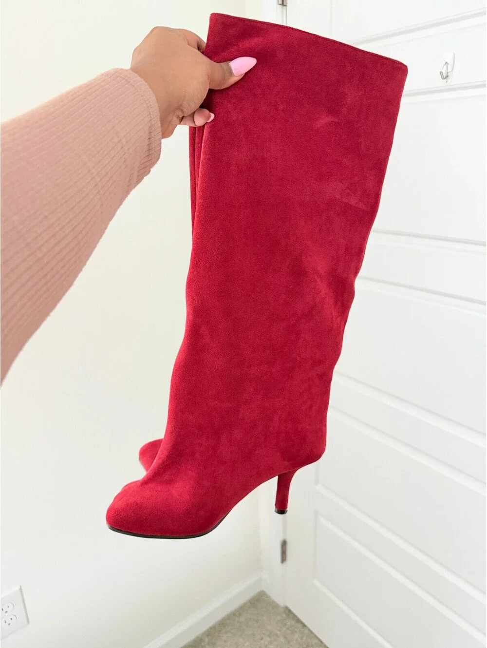 Red Suede Knee High Boots Women’s Size 7 Stiletto Heel Y2K